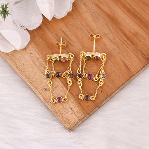 Natural Multi Tourmaline Gold Plated Stud <b>Earring</b> 925 Sterling <b>Silver</b> Push <b>Back</b> Stud Women Anniversary Gift Wholesale Bulk - Product Image 2