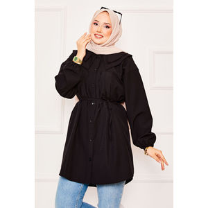 Double Collar Modest <b>Tops</b> Black Hijab Shirt with Drawstring Waist - Product Image 2
