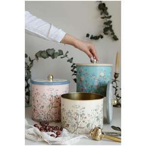 Kontensan Round Metal Tin <b>Canister</b> <b>Set</b> Dia 175 mm (3Pcs) Floral Design Pastel Blue Botanica - Product Image 1