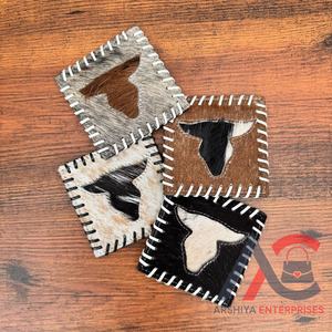 Top vente à la main Longhorn peau de vache sous-verres ensemble Western cheveux sur cacher en cuir véritable sous-verre pour boissons Western décor à la maison cadeaux - Product Image 1