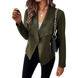 Chaqueta de Invierno de Cuero Gamuza Marrón Genuino para Mujer, Corte Entallado, Cierre de Cremallera, Suave y Transpirable, Cuello Alto, Color Sólido Teñido - Product Image 1