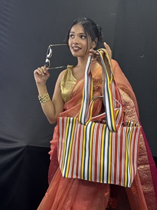 Indian Traditional Handloom Woven Recycled Plastic Nylon Eco-Friendly Double-Handled Large <b>Market</b> <b>Bag</b> Portable Striped Shopping - Product Image 4