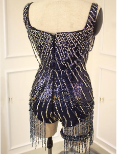 Robe de soirée de Cocktail élégante, droite, mi-longue, sans manches, en crêpe, avec broderie de perles et paillettes - Product Image 6