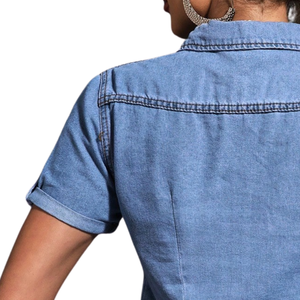 Camisa Casual de Mezclilla Ligera para Mujer, Color Sólido, Manga Larga, Botones Enrollables, Corte Regular, 100% Algodón, para Uso Diario, Oficina, Verano - Product Image 4