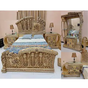 Ensemble de meubles de chambre à coucher royale de qualité supérieure sculpture en bois indien de luxe Maharaja lit Designer meubles de chambre à coucher entièrement sculptés