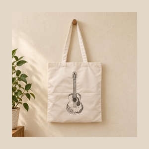 Bolsa de Tela de Lona de Algodón Bordada con Dibujo de Guitarra Personalizada al por Mayor, Bolsa de Compras Reutilizable Ligera y Natural con Logotipo Personalizado de Música - Product Image 1