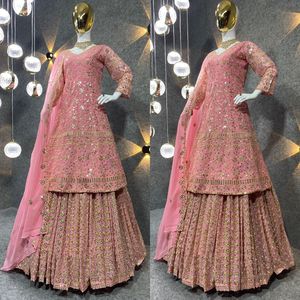 Faux Georgette Lehenga Choli ดีไซน์ล่าสุด,พร้อมงานปัก Dupatta และ Zari จากอินเดีย - Product Image 4