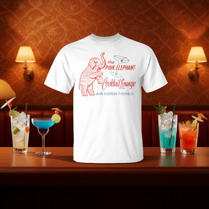 T-shirt promotionnel vintage rose avec motif éléphant rétro et boîte d'allumettes, idéal pour les cocktails et les soirées lounge - Product Image 3
