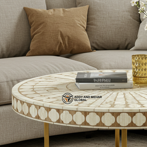 Mesa de Centro Redonda Moderna de Alta Demanda con Incrustaciones de Hueso Beige y Resina, Diseño Floral y Base de Metal Dorado - Product Image 4