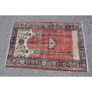 Tapis Turc Vintage Ethnique 2.6x3.9ft Rouge Bleu Patchwork Classique Laine Grande Surface Rectangle Couloir Modèle pour Adolescents Latex Soutenu - Product Image 3