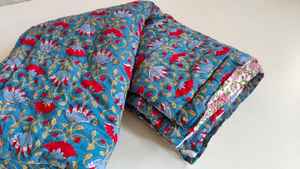 Hand Block Printed Cotton Quilt Floral Razai Reversible <b>Blanket</b> Bedding - Product Image 3