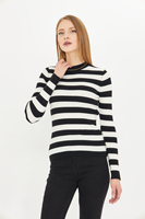 Suéter Casual de Mujer, Cuello Redondo, Manga Larga, Tejido de Canalé a Rayas