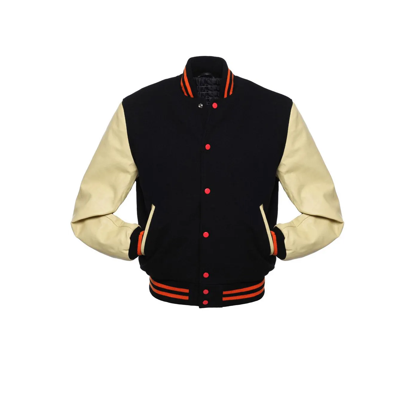 En trend tasarım sıcak satış yüksek kalite özel Logo erkek deri kollu standı yaka erkekler kolej ceketi
