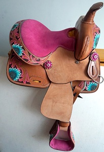 Sillín de cuero de calidad superior de doble tono occidental con diseño floral hecho a mano y asiento de gamuza suave a un precio asequible - Product Image 5