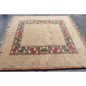 Vintage Turkish Rug 6.4x6.6 ft (196x201 cm), <b>Brown</b> Polka dot <b>Wool</b> Rug - Product Image 2