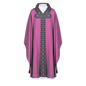 Compre vestido de pastor moderno púrpura de alta calidad con ceremonias bordadas de cuello romano de toque tradicional - Product Image 1