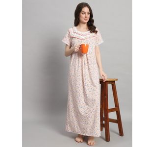 Camisón de Encaje 100% Algodón para Mujer, Mangas Medias, Largo Completo, Tela Transpirable, Cuello con Estampado Floral, Elegante, Primavera, Otoño, Verano - Product Image 1