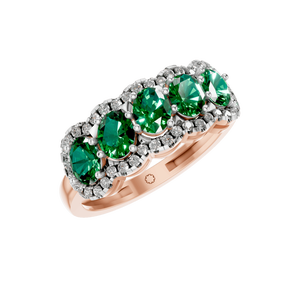 Bague de fiançailles en or rose 14 carats avec 5 pierres d'émeraude naturelle taille ovale et halo de diamants, sertie à griffes, pour femme, fournisseur en gros - Product Image 1