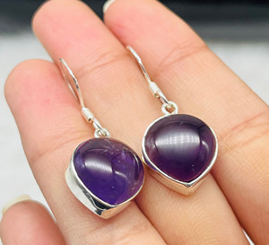 Handmade Bohemian Amethyst <b>Silver</b> <b>Earrings</b> 925 Sterling Bezel <b>Set</b> Ball Pattern Unisex <b>Silver</b> Plated Jewelry - Product Image 2