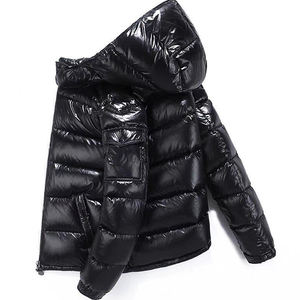 High Quality Custom Men's Puffer Jacket Shiny <b>Winter</b> <b>Coat</b> <b>Hood</b> Promotional Streetwear Canvas Fabric Zipper Front Logo Included - Product Image 2