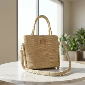 Bolso Tote de Paja Estilo Bohemio, Color Sólido, Bolso de Mano para Compras de Verano, Bolso de Lona para Mujer - Product Image 2