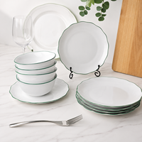Ensemble de vaisselle en porcelaine de luxe avec logo personnalisé, assiettes et bols, ligne verte ondulée, céramique blanche vernissée, pour supermarchés et commerces de détail