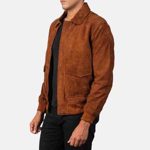 Coffmen A2 Bomber <b>Jacket</b> in Brown <b>Suede</b> Zippered Vintage Streetwear with Embroidered Pattern Casual for Autumn and Spring - Product Image 2