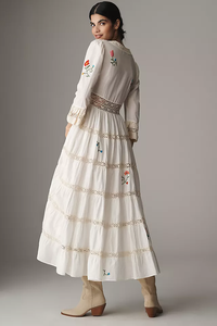 Robes maxi pour femmes à manches courtes vintage 2025, nouveau design ouvert, broderie, taille naturelle, lavable, 100% coton tissé, décontracté - Product Image 3