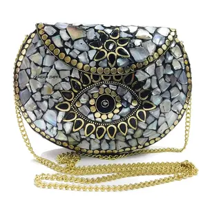 Evil eye mosaic metal mother of pearl clutch bag - Handmade Blue stone Antique ethnic clutch