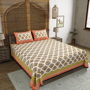 King Size <b>Orange</b> Motif Fitted & Flat Bedsheets Pure Cotton Hand Block Print Exclusive Design - Product Image 6