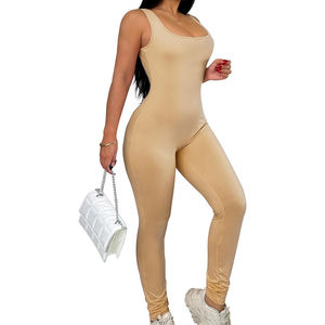 Mono ajustado acanalado sin mangas para mujer, mono elástico de una pieza de poliéster Spandex, ajustado, sólido, informal - Product Image 5