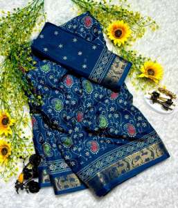 Sarees de Seda de Algodón Suave para Mujer con Diseño de Pluma y Borde de Tejido Zari en Contraste, Saree Indio - Product Image 2