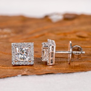 Joyería fina simple 1,50 quilates 14K oro blanco Princesa y corte brillante redondo laboratorio cultivado diamante mujeres Stud tornillo trasero pendientes - Product Image 3