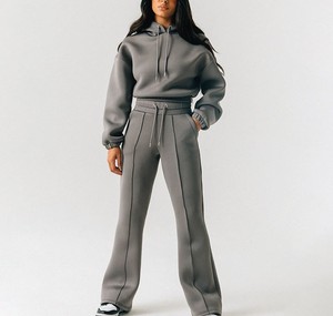 Oem Custom Logo Casual Jogging Women Suit Blank Oversized Cropped Hoodie and Wide Leg Flare Jogger Sweat Pant 2 Piece Women <b>Set</b> - Product Image 1