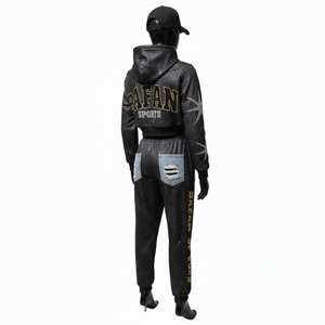 <b>Women</b> High Quality Polyester Fleece Tracksuit 280GSM Black Galaxy Print <b>Denim</b> Panel <b>Joggers</b> Custom Logo Set plus size Tracksuits - Product Image 5