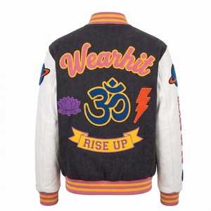 Blouson universitaire en chenille avec patchs, en laine anthracite, manches en cuir blanc, style Letterman, OEM - Product Image 2
