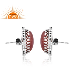 Pendiente de tuerca de piedras preciosas de cuarzo de fresa Natural de plata de ley oxidada superventas, joyería personalizada para mujer, regalo para ella - Product Image 2