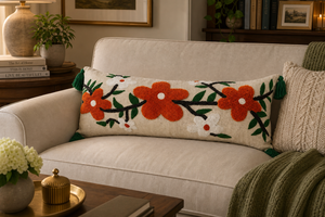 Funda de Cojín Lumbar de Algodón Bordada con Flores Naranjas Estilo Boho, Funda de Almohada Larga Artesanal con Borlas en las Esquinas para Decoración de Cama - Product Image 4