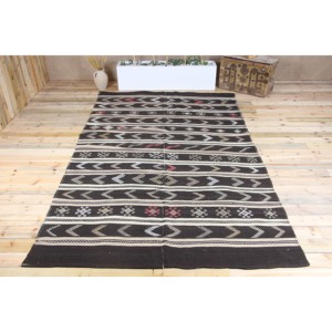 พรมคิลิมวินเทจขนาด 7x11.5 ฟุต สีน้ำตาลลายเรขาคณิต พรมขนสัตว์ตุรกี - Product Image 1