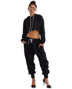 ชุดวอร์มลำลองสำหรับผู้หญิง เสื้อครอปมีฮู้ดพร้อมกางเกงขายาวพิมพ์ลายสีพื้น ผ้าฝ้าย 100% ระบายอากาศได้ดี - Product Image 5