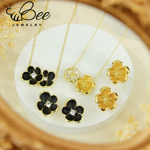 Luxury Women <b>Accessories</b> Necklaces 14k Gold Plated Brass Fashion Black Flower Necklace Earrings Sets In Daily Wear - Product Image 2
