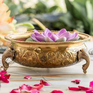Traditional Style Gold Brass Urli with <b>Elephant</b> Trunk and Foliage Design Round Shape Tabletop Vase for Diwali Festivities - Product Image 4
