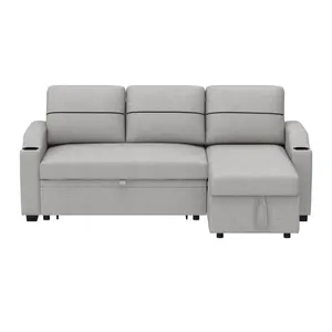 Sofá secional conversível sofá puxe a cama com armazenamento 3 Seater tecido estofado para sala de estar