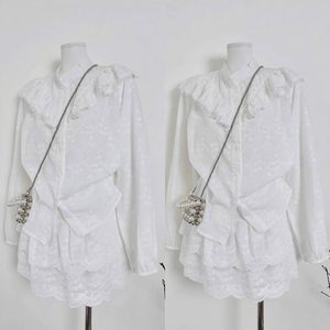 Ensemble chemisier à manches longues en dentelle blanche et mini-jupe pour femme, vêtements décontractés - Product Image 3