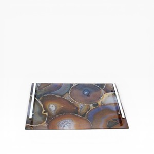 Plateau décoratif en agate naturelle noire carrée avec des motifs de cristaux spectaculaires et des poignées dorées ornées - Product Image 4