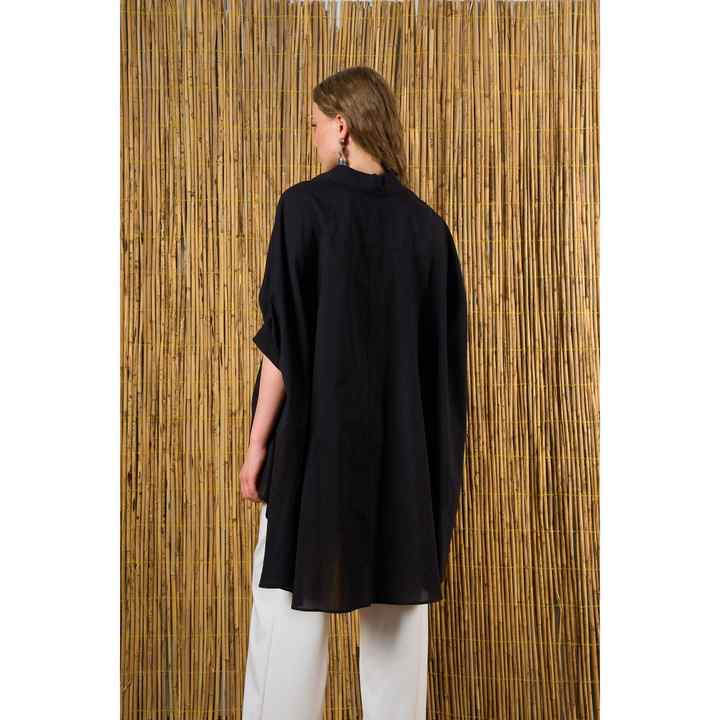 Women's Black Short Balloon Sleeve Long Back Cotton Tunic Shirt