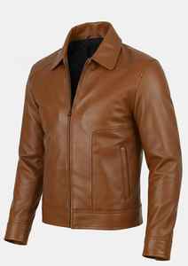Veste de camionneur en cuir marron clair pour homme, en peau de mouton, col montant, fermeture éclair, style vintage, coupe ajustée, décontractée, automne-hiver, États-Unis - Product Image 4