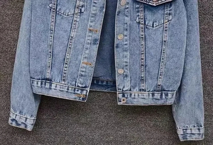 Nouveau personnalisé chaud en gros coupe ample bouton recadrée coton Denim veste bleu clair femmes respirant manches longues jean porter - Product Image 4