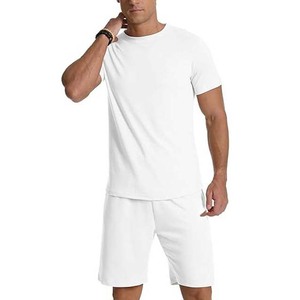 Two Pieces <b>Lounge</b> Wear for <b>Men</b> Private Label Contrast Color <b>Short</b> Sleeve Summer <b>Shorts</b> and T Shirts Sets 100%Cotton Polyester - Product Image 3