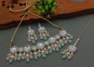 New Design Hexagon Shape Gold Plated Traditional <b>Drop</b> <b>Pearl</b> & Stone Studded Earring Mangtika Choker <b>Necklace</b>&Jewellery Set Women - Product Image 5